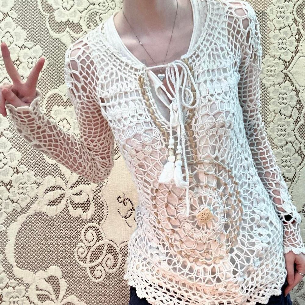 Vintage Fishnet Women's White Crochet Beaded Macramé Top | Beach, Resort